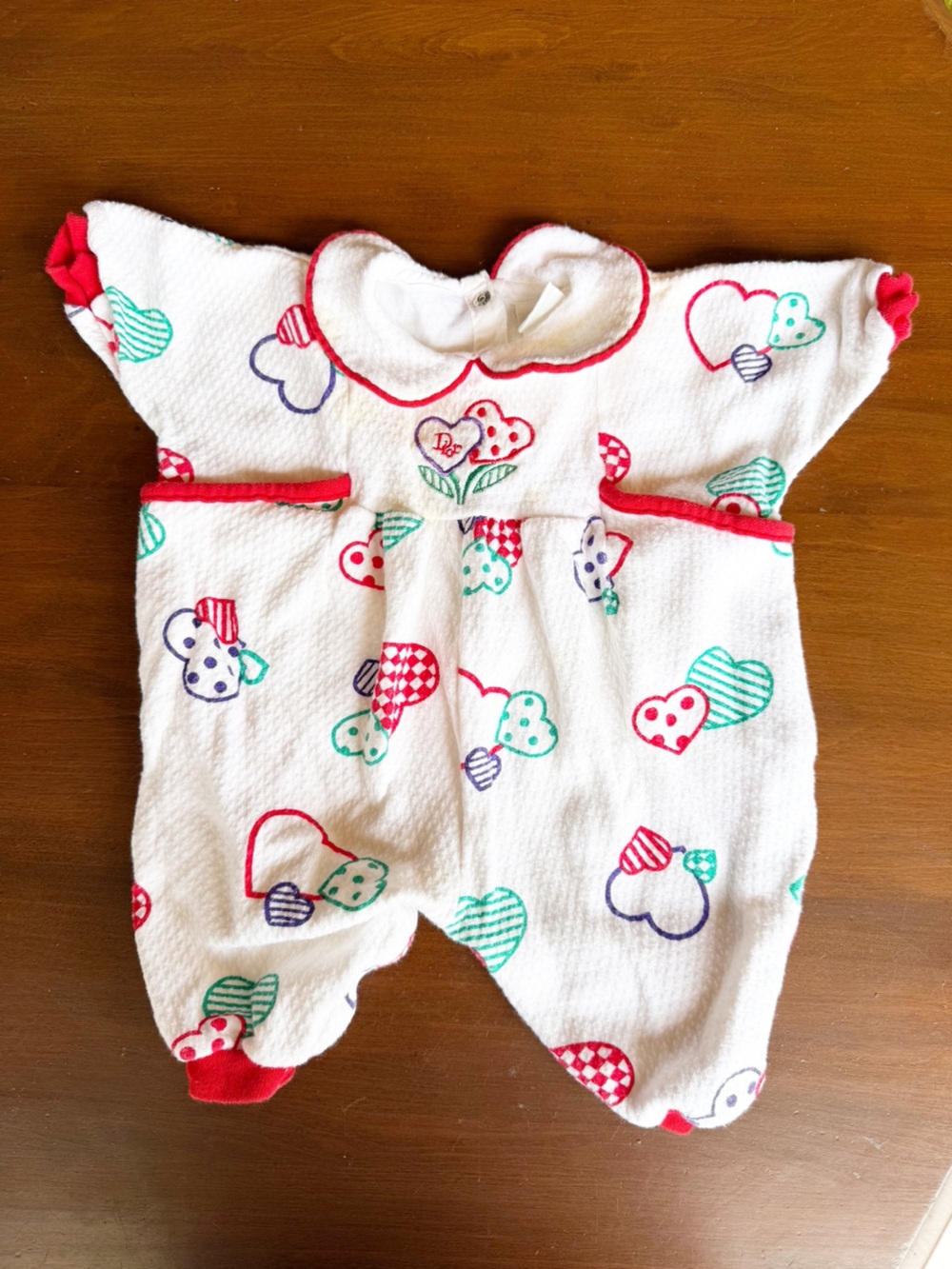 BABY DIOR Vintage 100 Percent Cotton White Baby Bodysuit with Hearts Red Trim